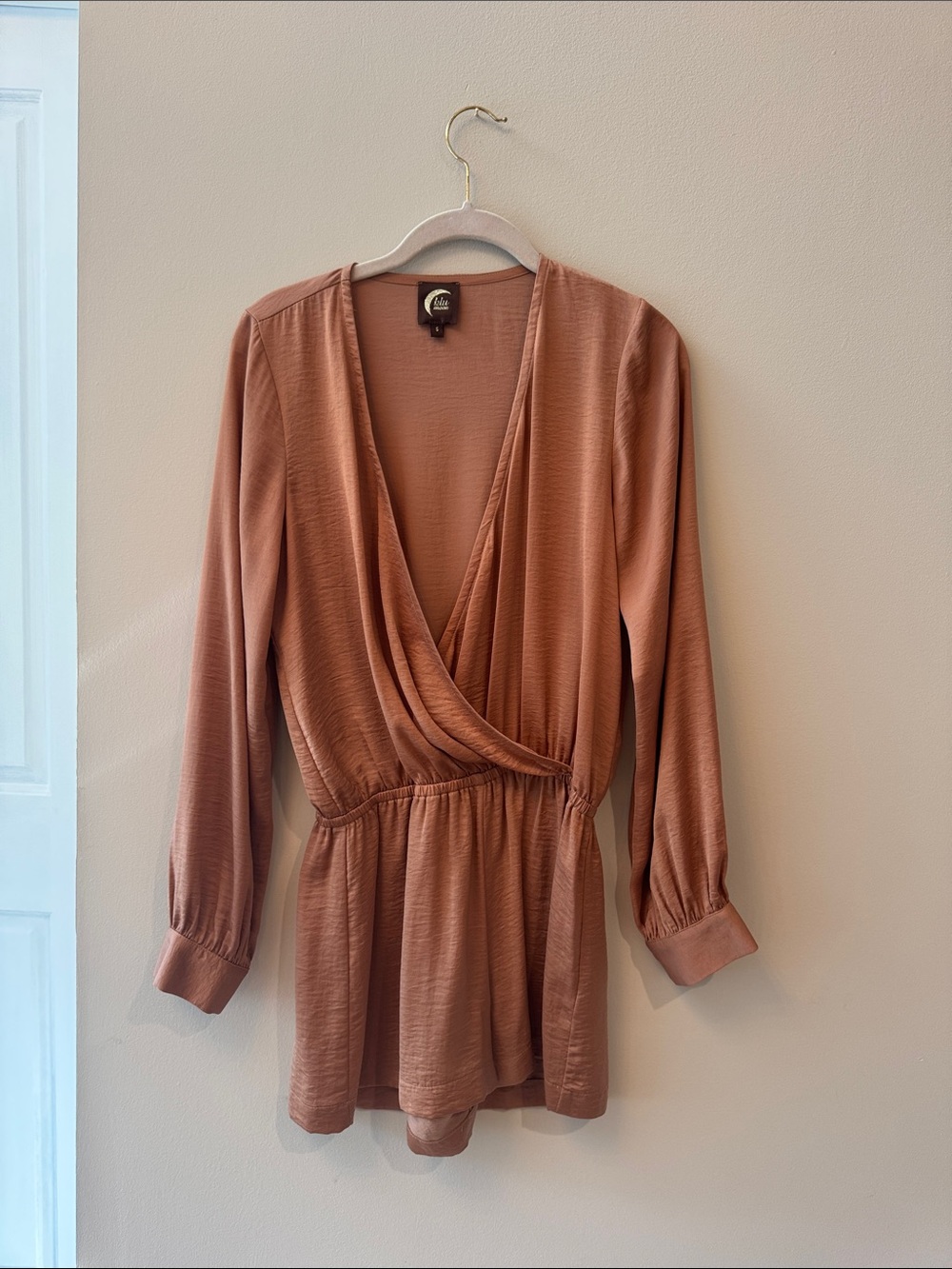Dusty Rose Long-Sleeve Surplice Jumpsuit Romper